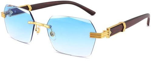 LOJUDI Randlose Sonnenbrille Herren Damen - Retro Rechteckig Rahmenlose Coole Sonnenbrillen Ohne Rahmen Vintage 90er Jahre Brille mit UV400 Schutz-Gold/Blau