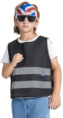 AYKRM Kinderwarnweste - Schwarz - Universalgröße 2-12 Jahre - Reflektorweste Auto - Warnweste Leuchtend - Sicherheitsweste für Kinder 6-9 Jahre