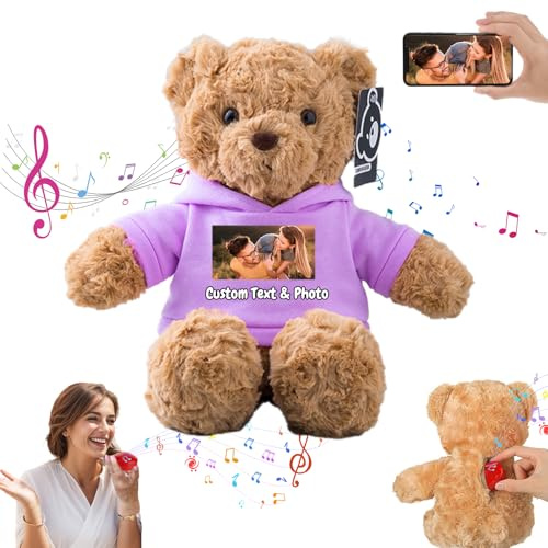 MeterBear Personalised Teddy Bear with Voice Recording for Kids Adults, Personalised Gifts Bear with Bow Plush Toys with Text+Photo as Customised Gift for Valentines Christmas (11 inch-Text+Photo)