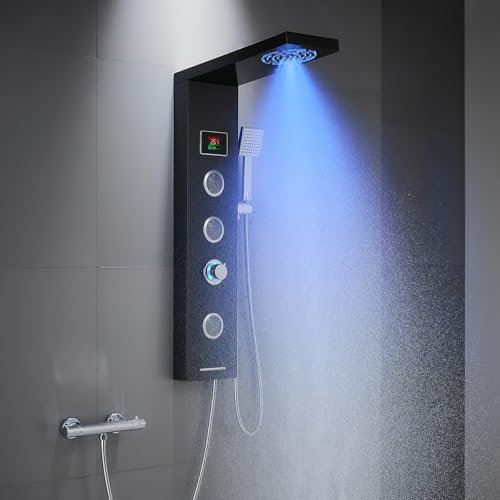 KINKIBOS Colonne de douche sans robinet, panneau de douche 6 fonctions avec affichage LED de la température, douche à effet pluie, douche à brouillard, 2 modes de jets de massage, douchette à main et