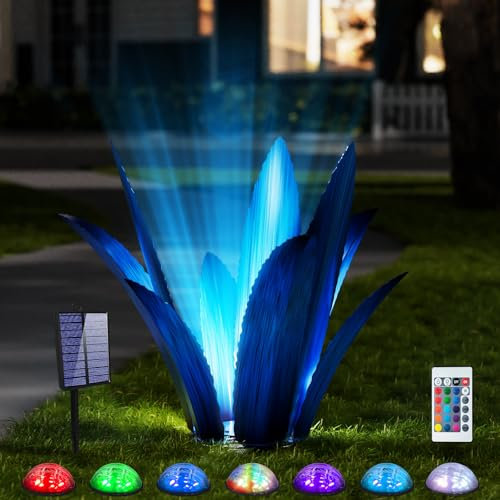 FLYVOLE Upgraded Large Metal Yard Art Agave Plant Yard Decorations Outdoor Sculpture, Flowers for Outside, Waterproof Garden Decor (Blue with Solar Light)