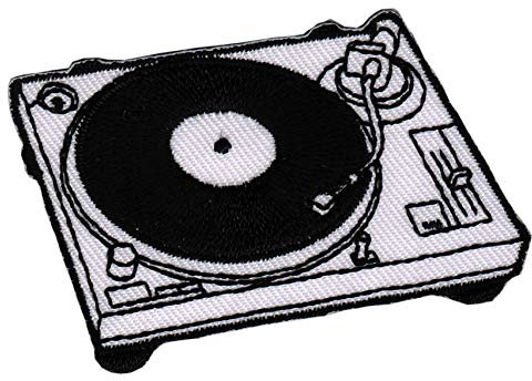 DJ Plattenspieler Weiß Turntable Gestickt Aufnäher zum aufbügeln oder aufnähen Bügelbild Aufbügler für Kleidung Bügelpatch Applikation Schallplattenspieler Musik Patch Größe 6,5 x 4,0 cm