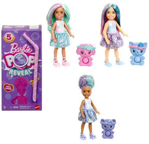 Barbie Chelsea Pop Reveal Doll Set, Treat Series with 5 Surprises Including Scented Small Doll, Pop-It Pet & Color Change (Styles May Vary), JFY01