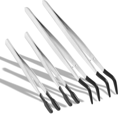 Qjaiune Lot de 4 pinces à épiler à pointe en caoutchouc comprenant 2 pinces plates, 2 pinces incurvées, pinces à épiler en acier inoxydable 304 pour travaux manuels, fabrication de bijoux, tampons