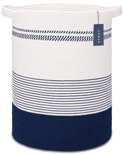 COMSE Extra Large Blanket Basket, Tall Laundry Basket, Nursery Hamper, 40 x 55 CM, Cotton Rope Woven Laundry Hamper for Storage Toys Clothes Towels, Navy Blue & White