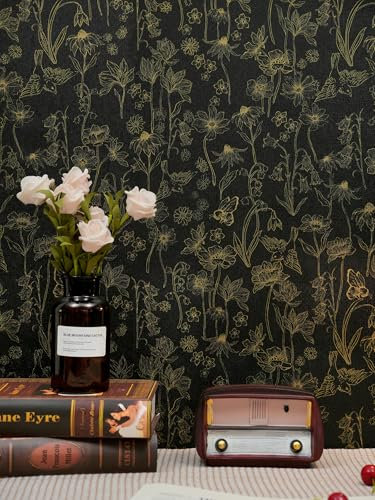 Fiula Floral Peel and Stick Wallpaper Black and Gold Self Adhesive Wallpaper 44cmx3.5m Contact Paper Bird Bee Muster Wallpaper Waterproof Vinyl Wrap for Furniture Retro Bedroom Living Room Cabinet