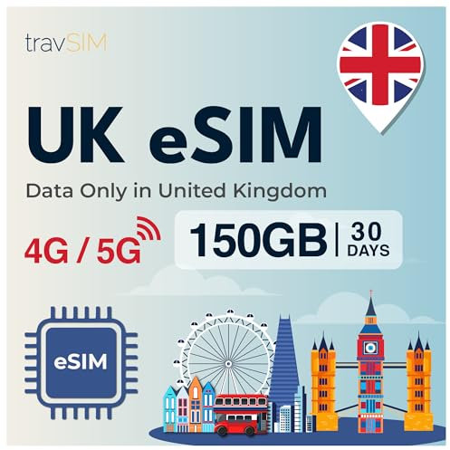 travSIM eSIM UK | 150GB Daten SIM - 30 Tage planlaufzeit | eSIM UK bietet unbegrenzten Internetzugang für Google, Facebook, Whatsapp, Instagram und mehr