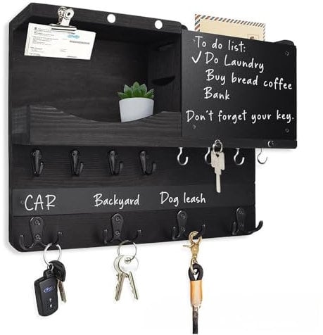 Niciksty Porte-Courrier Mural et Porte-Clés avec 12 Crochets pour Clés, Plaque à Clés Murale Avec Étagère et Tableau à Craie, Rangement Pour Clés et Lettres pour Entrée, Couloir, Noir