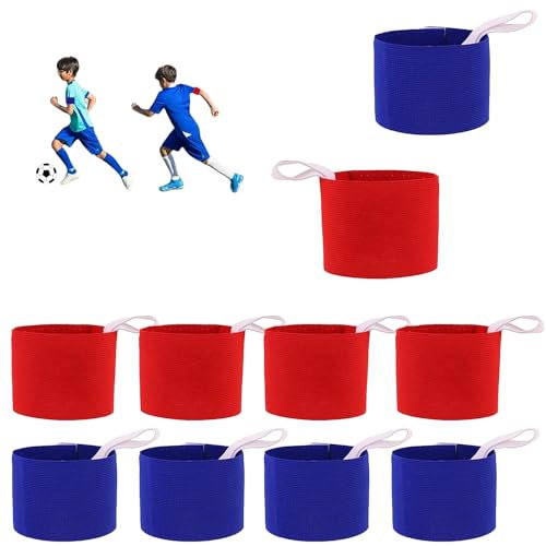 YFaith 10 Stück Kapitänsbinde Kinder, Verstellbare Spielführerbinde, Kapitäns-Sportarmband mit Lanyard und Klebeflicken, Rote und Blaue Armbänder für Fußball, Rugby, Tennis, Basketball (Klein)