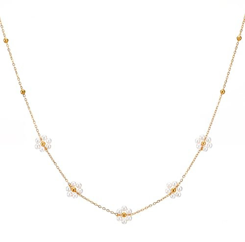 YUXIANLB 2 Stück Damen Halskette aus Edelstahl Süße goldene Gänseblümchen Blumenperlenkette Trendiges Kurzes Leichtes Schmuckstück für Sommer Frühling Date Hochzeit Alltag Elegantes Blumendesign
