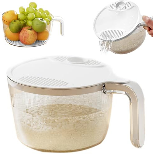 Rice Strainer, Safe Plastic Rice Washer Strainer Bowl with Drain Lid, 7.1x3.4 Rinser with Handle for Vegetable Fruit Grains Bean, Small