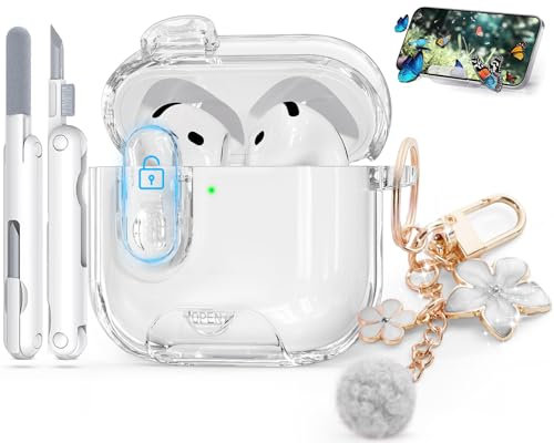 TNSNK Stoßsichere Hülle für Airpods 4. Gen/ 4. Gen Aktiver Geräuschunterdrückung mit Handy-Ständer & Reinigungsstift & Tragekette, Anti-Yellowing Clear Case Kompatibel mit Apple AirPods 4 Hülle