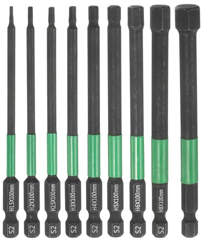 sourcing map 9pcs H1.5-H10 Flat Hex Screwdriver Bit Set 1.5mm-10mm Metric Tip 1/4 Hex Shank 100mm (4) Long Magnetic Hexagonal Screw Drill Bit Wrench Black Phosphate S2 Steel Driver Socket