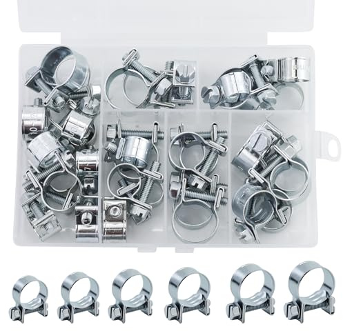 32 mini abrazaderas de manguera ajustables, abrazaderas de tubo de metal fuertes con caja de almacenamiento, para tuberías de agua, mangueras, cables, hogar, automoción, industria (7-15 mm)