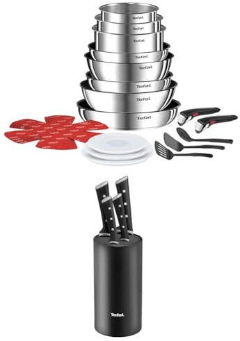 Tefal lot Ingenio Batterie de cuisine 20 pièces, Poêles, Casseroles, 2 poignées amovibles, Induction, Empilable, L897SK04 + Tefal bloc de couteaux de cuisine, 4 couteaux, Acier inoxydable K2324S55