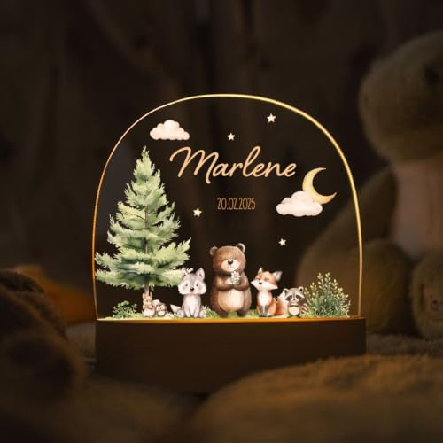 GRAVURZEILE Personalisiertes LED Nachtlicht für Kinder - Waldfreunde - Personalisiert mit Namen & Datum - Tischlampe für Baby - Geschenk zur Geburt, Taufe & Geburtstag für Jungen & Mädchen