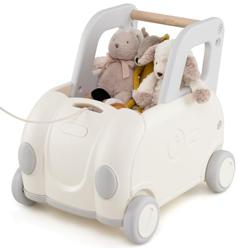COSTWAY Baby Lauflernwagen, Lauflernhilfe mit Griff & Zugseil & Klappsitz, Spielzeugkiste auf Rädern, Laufwagen für Reiten & Gehen & Ziehen, Laufwagen für Jungen & Mädchen