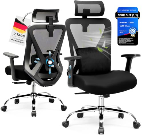 COMHOMA Bürostuhl Ergonomisch [TESTSIEGER], Schreibtischstuhl mit 3D-Kopfstütze & 3D-Lendenwirbelstütze, verstellbare Armlehnen, Office Chair mit Wipp- und Kippfunktion