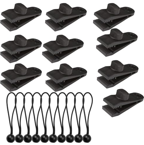 InYoHui 10 Sets Heavy Duty Tarp Clips Bungee Cord Awning Clamps Outdoor | 10 nylon tarp clips with bungee cords. Shark teeth grip, adjustable thumb screw. Windproof, rainproof. Stretches to 30cm