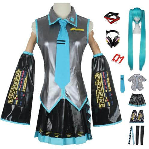 AYIMEIS Miku Cosplay Kostüm Set mit Perücke Kopfhörer Miku Verkleidung Anime Miku Uniform Lackleder Weihnachten Halloween Karneval Party Bühnenauftritt Kostüm Erwachsene XXS-3XL