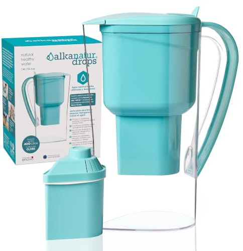 Wasserfilter Kanne 1,4 L für Leitungswasser Niedrige Emission Ohne BPA | Alkalisches Wasser pH 9 Niedrige Emissionen Aktivkohlefilter 2-Stufige Filtration Gegen Kalk Chlor Schwermetalle BPA-Frei
