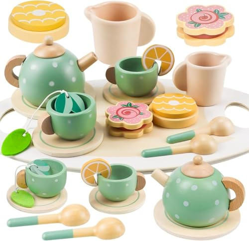 14PCS Teiliges Tee-Set für Kleinkinder, Teeparty-Set für Kind er, Holz-Teeservice für Kinder, Nachmittagsteesets, Rollenspiel-Teeservice,, Partygeschenke, Geburtstagsgeschen