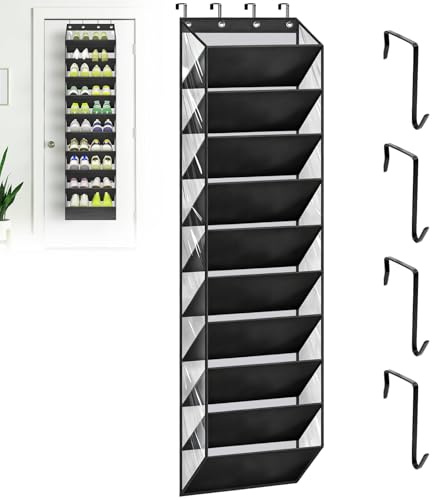 Über Tür Schuhregal Hängend mit 10 Tiefen Taschen & 4 Metallhaken, Schuhaufbewahrung für Kleiderschrank, Schuhschrank Türorganizer Passt 20-Paar Schuh, Schmal Schuhorganizer für Stiefel & Schuhe