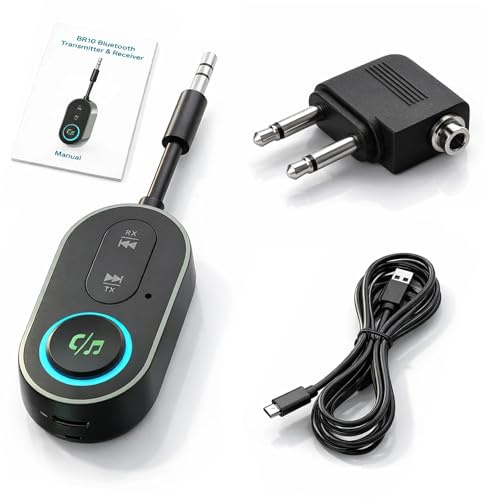2-in-1 Bluetooth 5.3 Transmitter Receiver, with 3.5mm Aux Audio Jack, Universal Wireless Aux Bluetooth Adapter for Car/TV/Airplane/Headphones/Speakers/Microphone (Type-C Charging)