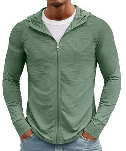 MOKBAY Maglia UV Uomo, Maglia Surf, Tecniche Nuoto Maniche Lunghe Zip Pesca con Cappuccio Estiva Surf Leggera UPF 50 Rush Guard Palestra Trekking Maglietta Traspirante Uomo, L