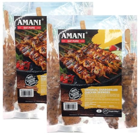 Amani Original Chargrilled Chicken Skewers 500g Authentic Flame Grilled Taste Ready to Cook Chicken Kebabs, Juicy and Tender Marinated Skewers Pack of 2