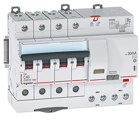 Legrand 411201 Disjoncteur différentiel monobloc DX³6000 10kA arrivée haute vis départ haut automatique, 4P, 400V, 40A typeAC, 30mA