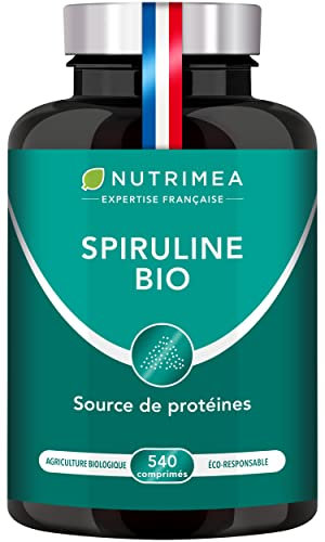 Spiruline BIO - Sans Excipients & OGM - 19% de Phycocyanine - Riche en Protéines, Fer & Antioxydants - Nutrimea - 540 Comprimés Vegan de 500 mg - 6 Mois de Cure - Fabriqué en France