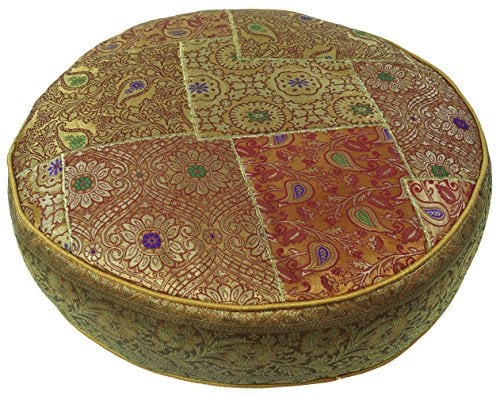 GURU SHOP Orientalisches Rundes Patchwork Kissen 50 cm, Sitzkissen, Bodenkissen mit Baumwollfüllung - Goldgelb, Synthetisch