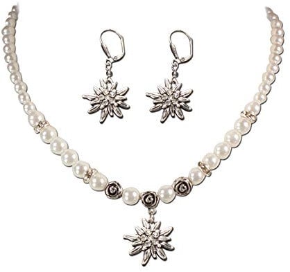 Schmuckset Trachtenkette & Edelweiß-Ohrhänger -Damen Trachtenset Perlenkette & Trachten-Ohrringe,Dirndlkette Strass Edelweiss für Trachtenbluse,Oktoberfest Dirndl-Schmuck,Trachtenschmuck (creme-weiß)
