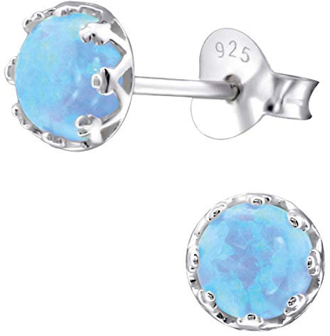 EYS JEWELRY Opal Ohrringe Silber 925 Damen Ohrstecker rund 6 mm hell-blau Schmuck Geschenke für Frauen im Schmucketui