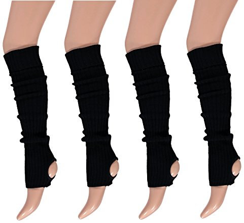 krautwear® Damen Mädchen 4x Ballettstulpen mit Fersenloch Beinwärmer Ballett Stulpen Legwarmer Armstulpen ca. 55 cm 80er Jahre 1980er Jahre schwarz weiss Neon Pink Grün Gelb Orange (4x schwarz)