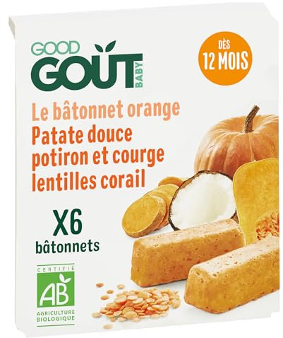 GOOD GOÛT - 6 Bâtonnets Orange - Patate Douce, Lentilles Corail, Potiron, Courge - Dès 12 mois - Texture Moulinée - Fabriqués En France - 120g