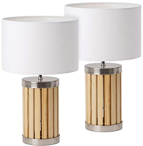 BRUBAKER - Lampe de table/de chevet - Lot de 2 - Design moderne - Hauteur 41 cm - Pied en Bois & Métal - Abat-jour en Tissu/Beige