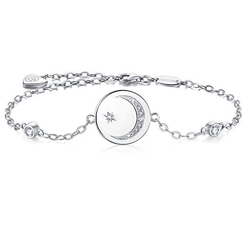 BlingGem Damen Armband aus 925 Sterling Silber mit Rundschliff Zirkonia Mond und Stern Bettelarmband Armkette Frauen Kette Einstellbar