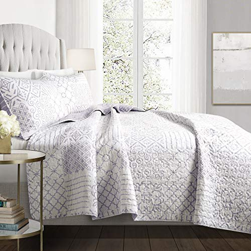 Lush Decor Monique Reversible Cotton Quilt King Size 3 Piece Set Lavender - Purple Bedding Set King Quilt - Patchwork Quilts - Boho Decor