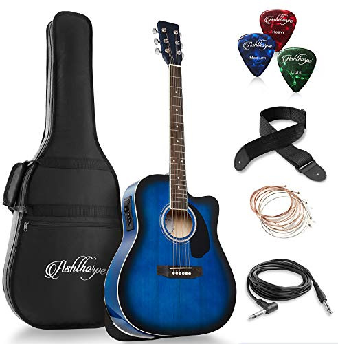 Ashthorpe Dreadnought Cutaway Akustik-E-Gitarren-Bundle in voller Größe – Premium Tonewoods – Blau