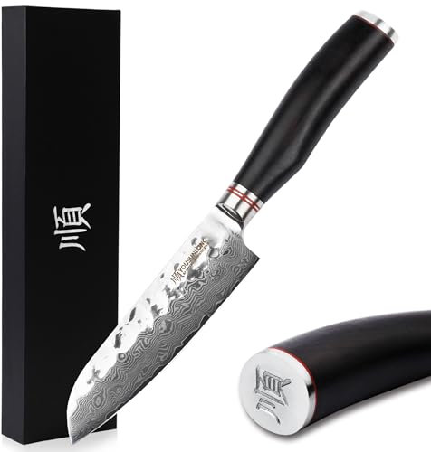 YOUSUNLONG Couteaux Santoku 5 pouces Couteaux de chef japonais en acier damas martelé - Manche en bois de plomb naturel