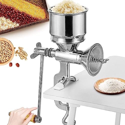 Moongiantgo Moulin à Céréales Manuel Acier Inoxydable avec Manivelle & Conception de Pince de Table, φ105mm Grande Trémie, Finesse de Broyage Réglable pour Noix, Café, Céréales, Graines, Maïs, Épices