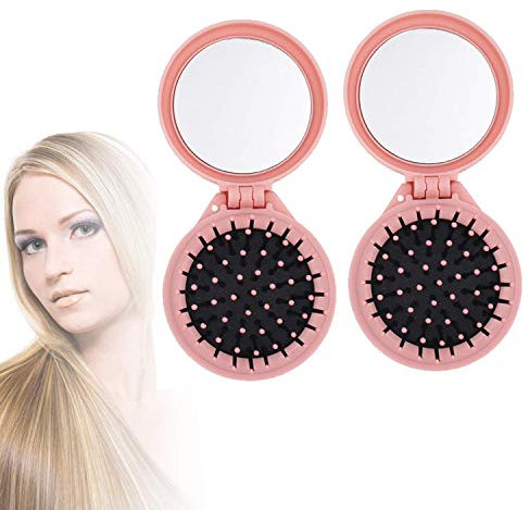 Jieddey Haarburste mit Spiegel,2 PCS Faltbare Falten Haarbürsten Reise Kompakte Klapphaarbürste Runde Haarbürsten Klappbar Reisespiegel für Frauen Mädchen Rosa