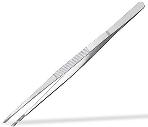 Pinzas largas de acero inoxidable con puntas dentadas de precisión, pinzas largas y rectas para cocinar, pinzas para cocinar para barbacoa quirúrgica de alimentos marinos (12 pulgadas)