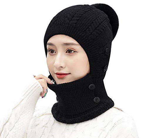 Femme Bonnet Tricoté Noël Bonnet Cagoule Chaud Chapeau Pompon Coupe-Vent Bonnet en Laine doublé en Polaire avec Cache-col Bonnet de Ski Cache Cou Couvre Visage Pliable pour Les Sports Hiver