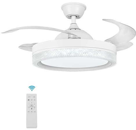 Ventilador de techo con luz LED y mando, Ventiladores de Techo con Cuchillas Retráctiles Silenciosos Reversible, Regulable Ventilador de techo con Altavoz Bluetooth Para Sala de Estar Restaurante