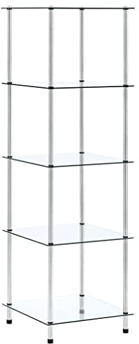 Makastle Regal Edelstahl-Rahmen 5 Ablagen Hartglas, Glasregal Standregal Badezimmerregal Küchenregal Flurregal, einfacher Aufbau, Wohnzimmer, Schlafzimmer, Büro, 40x40x130 cm