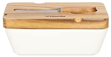 HOMLA Mooka Beurrier Moderne avec Rasoir et Couvercle - Fabriqué en Porcelaine - Haute Qualité - Boîte à Beurre - Porte Beurre - Fraîcheur Longtemps -Conservation Alimentaire - 11x16 cm - Blanc