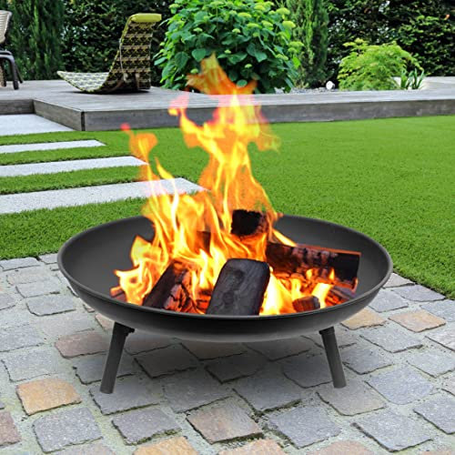 GardenKraft Round Fire Pits/Garden & Patio Heater/Burns Wood, Charcoal & Other Solid Fuel / 60cm Diameter / 2 Stable Base Designs/Poker Included (Black Iron)